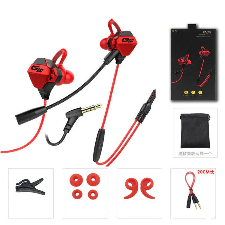 Red and black wired in-ear gaming earphones with extra ear tips and accessories.