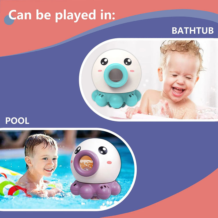 Happy children playing with cute octopus pool and bath toy, purple and teal waterproof plastic.