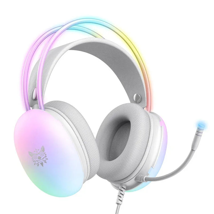 White over-ear gaming headset with pastel gradient LED lighting and flexible microphone