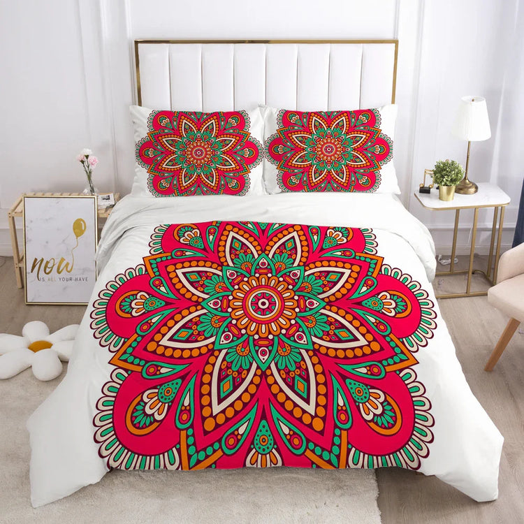 Colorful mandala-patterned duvet cover set in red, orange, and teal on a white bed