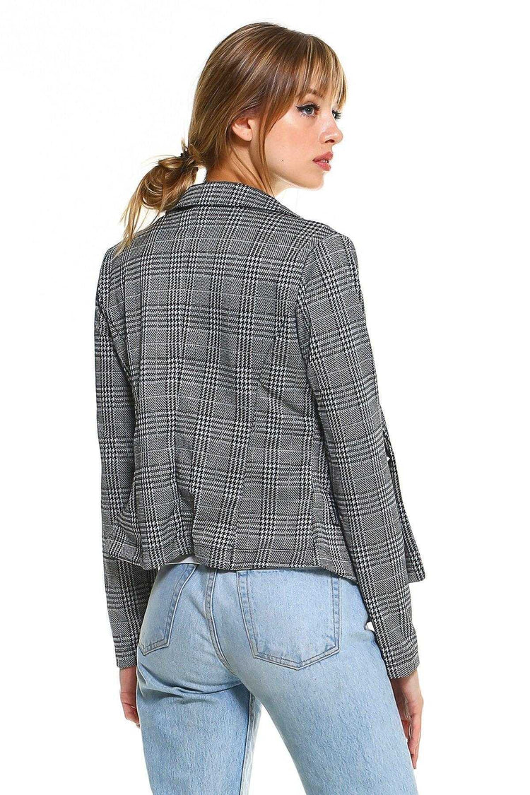 Classic Plaid Fitted Blazer styled with light wash jeans on model showing back view