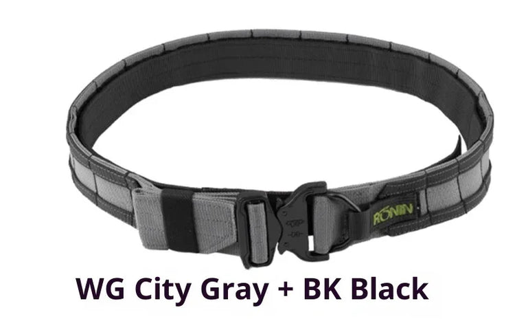 Two-tone gray and black tactical nylon belt with quick-release buckle, adjustable fit.