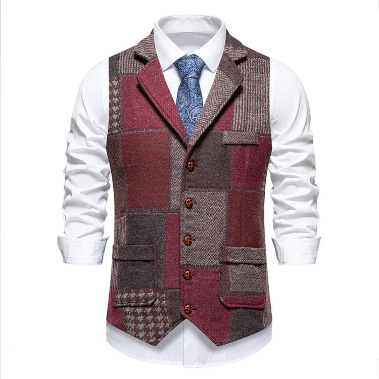 Men’s slim fit patchwork wool vest in burgundy and gray tones over a white dress shirt