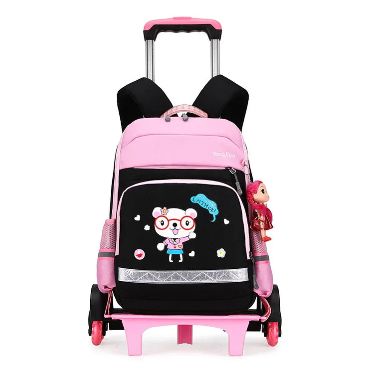 Pink and black rolling backpack with cartoon bear design, mesh side pocket, doll keychain