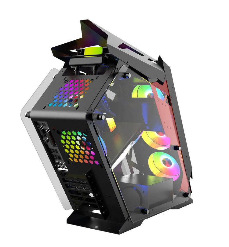 Futuristic open-frame black computer case with tempered glass panels and RGB cooling fans
