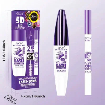 5D volume mascara and eyeliner set in purple and white packaging, bold text, sleek design