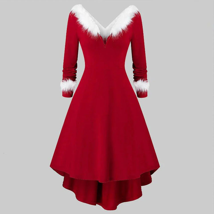 Red fit-and-flare dress with white faux fur trim and long sleeves, holiday style.