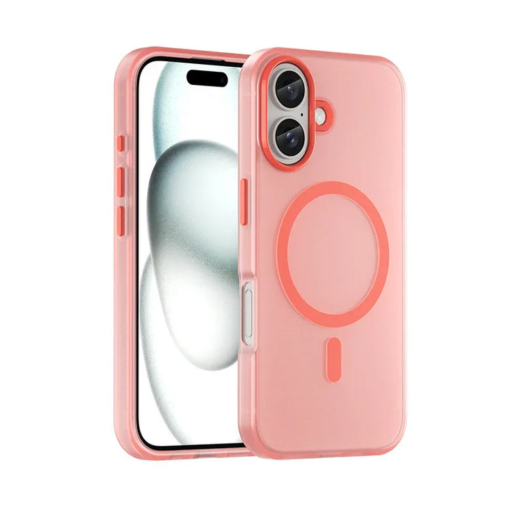 Pink silicone iPhone case with MagSafe ring, slim protective fit, modern tech design