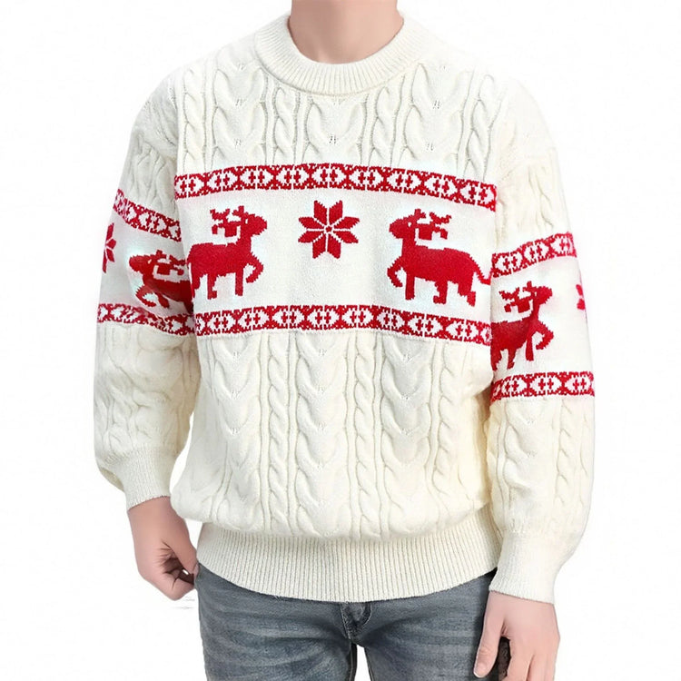 White cable knit sweater with red reindeer pattern, relaxed fit, crew neck, winter style.