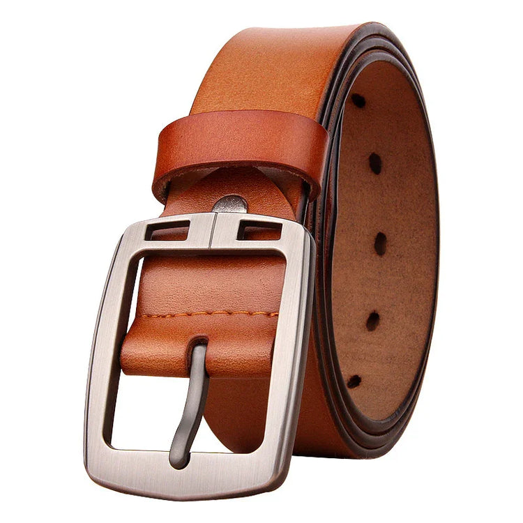 Brown leather belt with silver buckle, classic style, smooth finish, adjustable fit