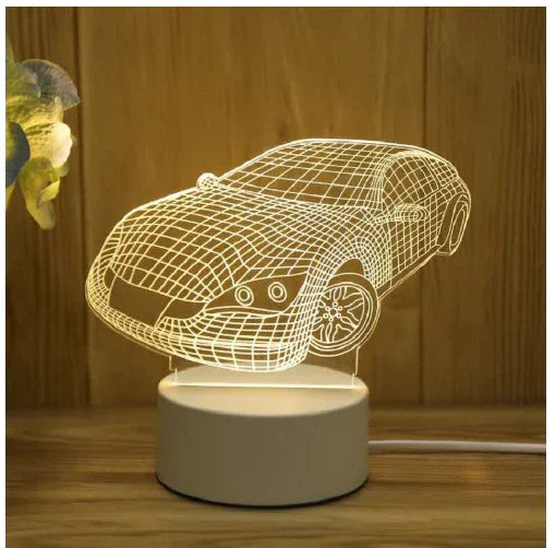 3D illusion LED lamp shaped like a car with white light on a round base, wooden background
