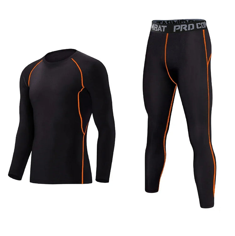 Black long sleeve athletic compression set with orange stitching, slim fit, synthetic fabric