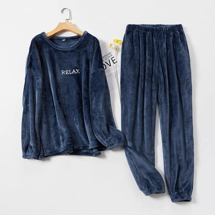 Navy blue plush loungewear set with relaxed fit and embroidered RELAX text on top.
