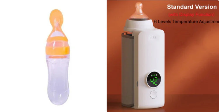 Clear silicone baby bottle with orange cap and a digital baby bottle warmer with temperature display