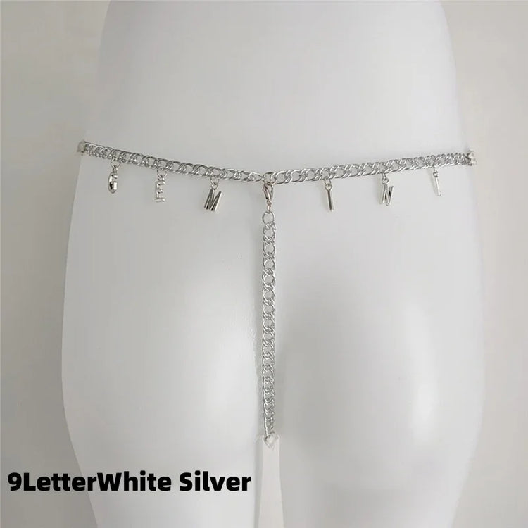 Silver chain waist belt with letter charms, minimalist metal statement accessory, adjustable fit