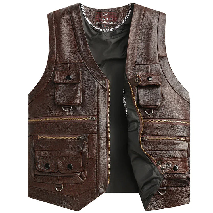 Brown faux leather utility vest with multiple zippered and buttoned pockets, regular fit