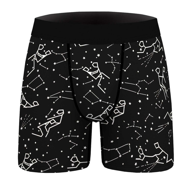 Black boxer briefs with white constellation print, stretchy fabric, fitted silhouette