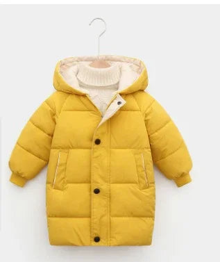 Yellow puffer jacket with hood and snap buttons, thick quilted design, relaxed fit