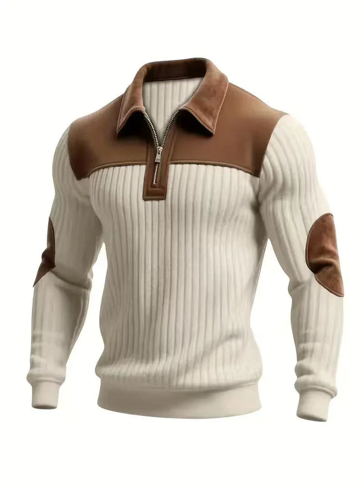Men’s ribbed knit pullover in cream with brown suede shoulder panels, elbow patches, and zip collar.