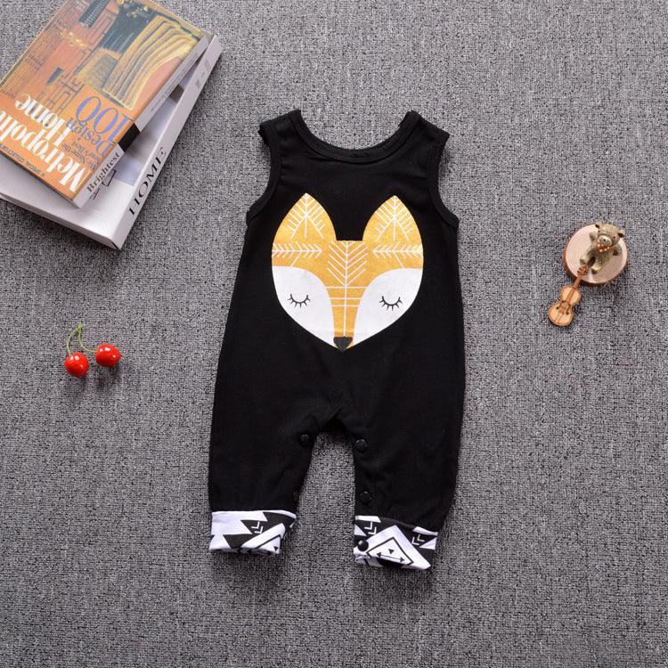 Black sleeveless baby romper with yellow fox print and white geometric pattern cuffs