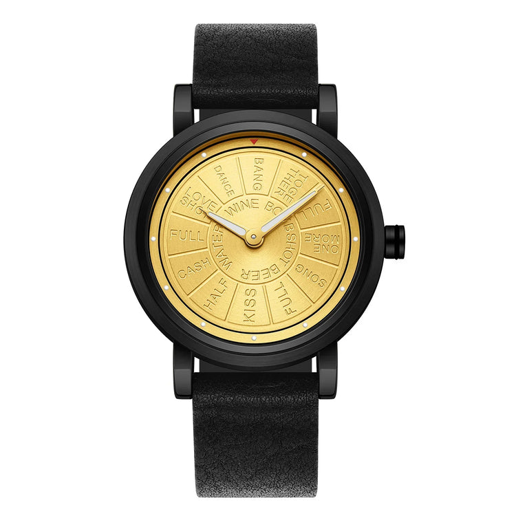 Modern black and gold wristwatch with engraved dial and black leather strap, minimalist style