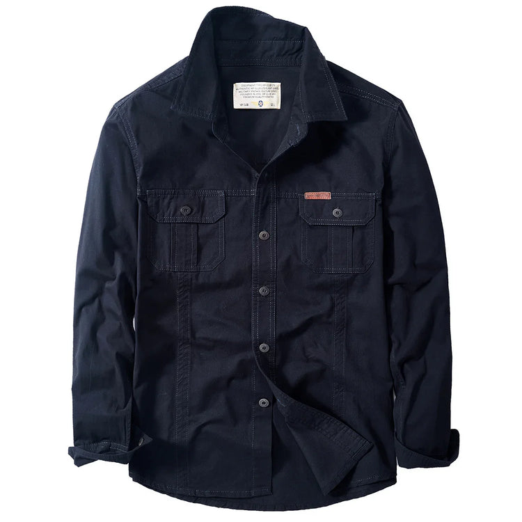 Men’s black button-up shirt with chest pockets, cotton material, relaxed fit, long sleeves