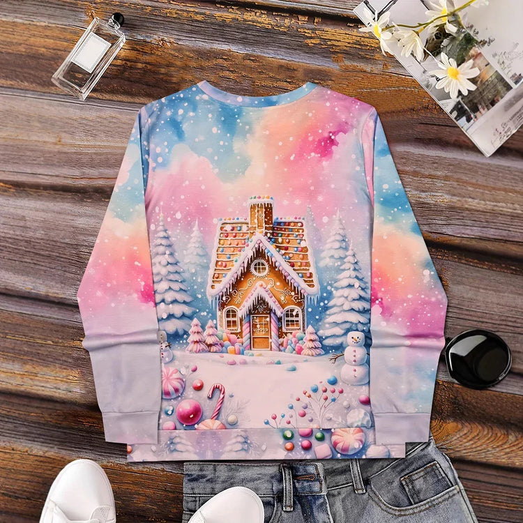 Long sleeve pastel sweatshirt with a gingerbread house and candy winter scene, loose fit