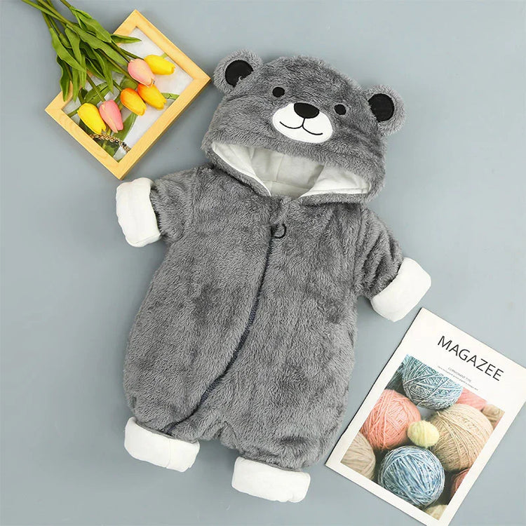 Gray plush bear onesie with hood, soft fleece material, long sleeves, cozy fit for babies.