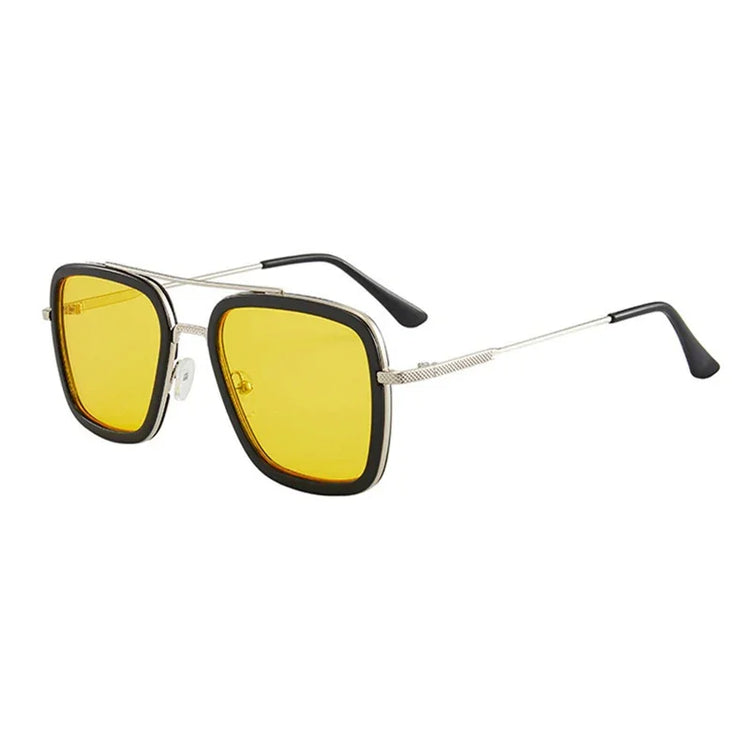 Square yellow-tinted sunglasses with black frame and silver metal arms, modern streetwear style