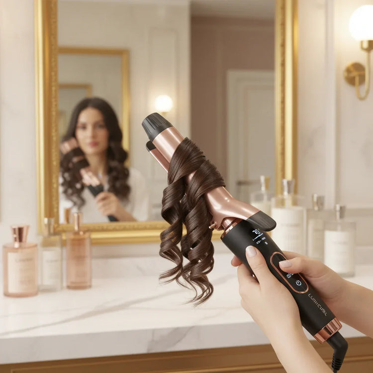 Woman using rose gold ceramic curling iron for loose curls in modern bathroom