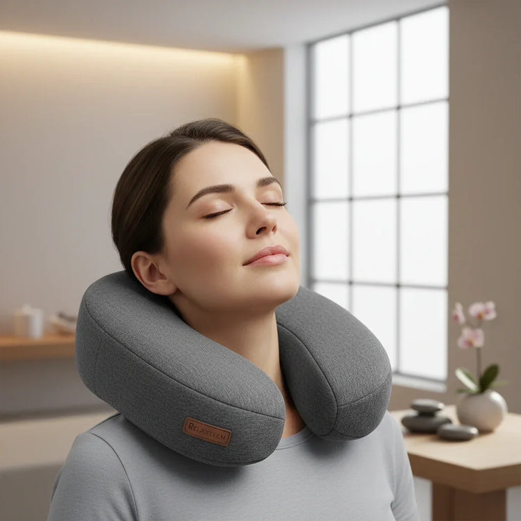 Woman wearing a grey memory foam neck pillow, casual fit, soft fabric, relaxing indoors.