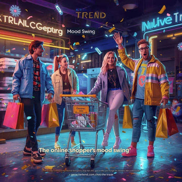 Group of young adults in colorful streetwear jackets, jeans, and sneakers shopping with bags and cart in a vibrant urban night setting