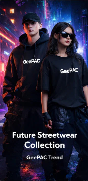 Models in loose black streetwear with bold text, urban night setting, relaxed fit clothing