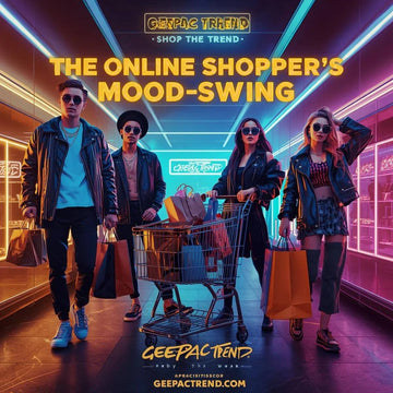 Four people in black leather jackets, sunglasses, and casual streetwear shopping in a neon-lit store.