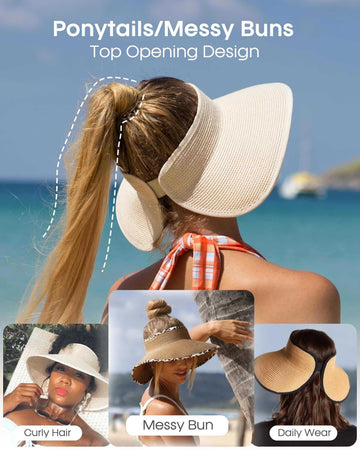 Wide brim straw sun visor hat in beige, open-top for ponytails or messy buns, beachwear style.