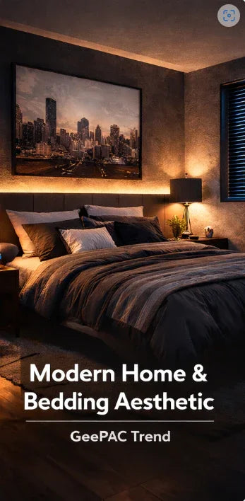 Cozy bedroom with modern gray bedding, plush pillows, and soft ambient lighting.