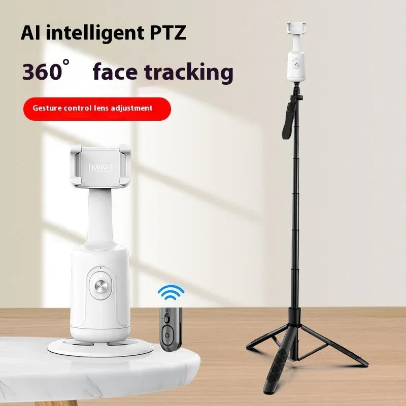 White AI camera mount with 360 degree face tracking on adjustable black tripod, modern tech accessory