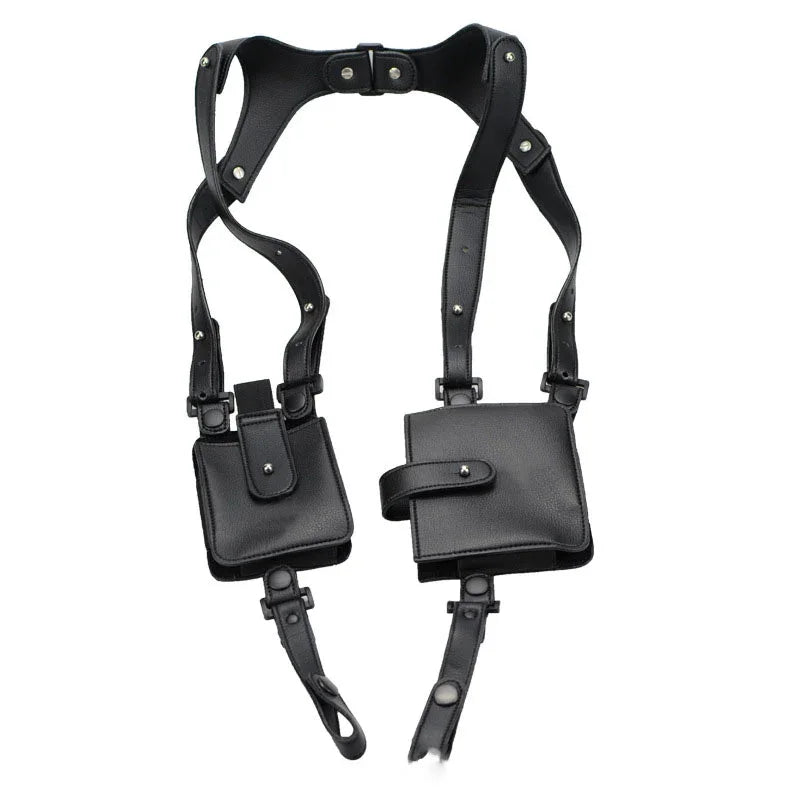 Black leather harness with adjustable straps and dual utility pouches, streetwear style