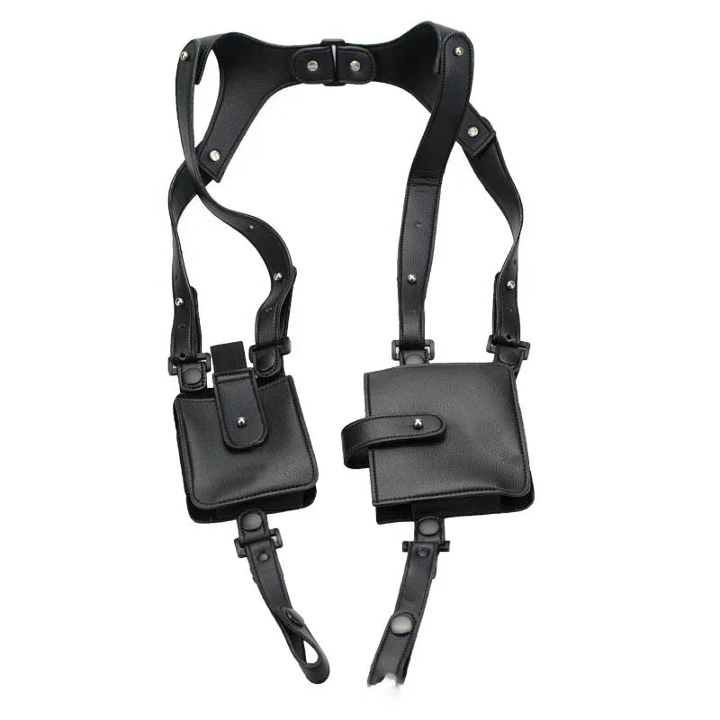 Black leather harness with adjustable straps and dual utility pouches, streetwear style