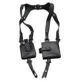 Black faux leather utility harness with adjustable straps and attached pouch pockets