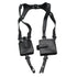 Black faux leather utility harness with adjustable straps and attached pouch pockets
