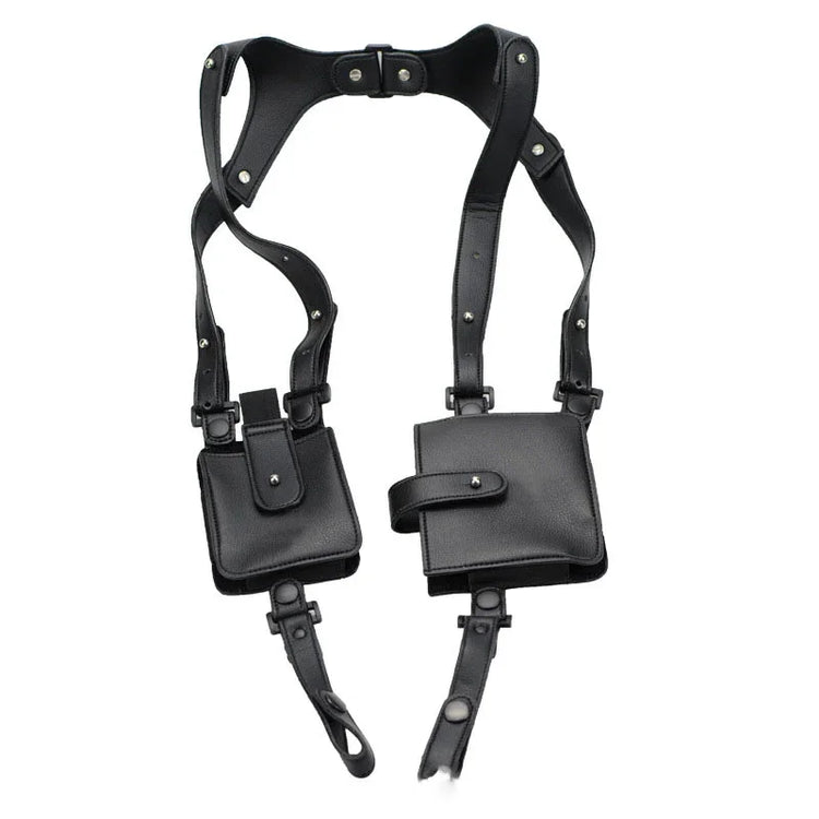 Black faux leather utility harness with adjustable straps and attached pouch pockets