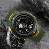 Green digital sports watch with black bezel and astronaut display, durable rubber strap