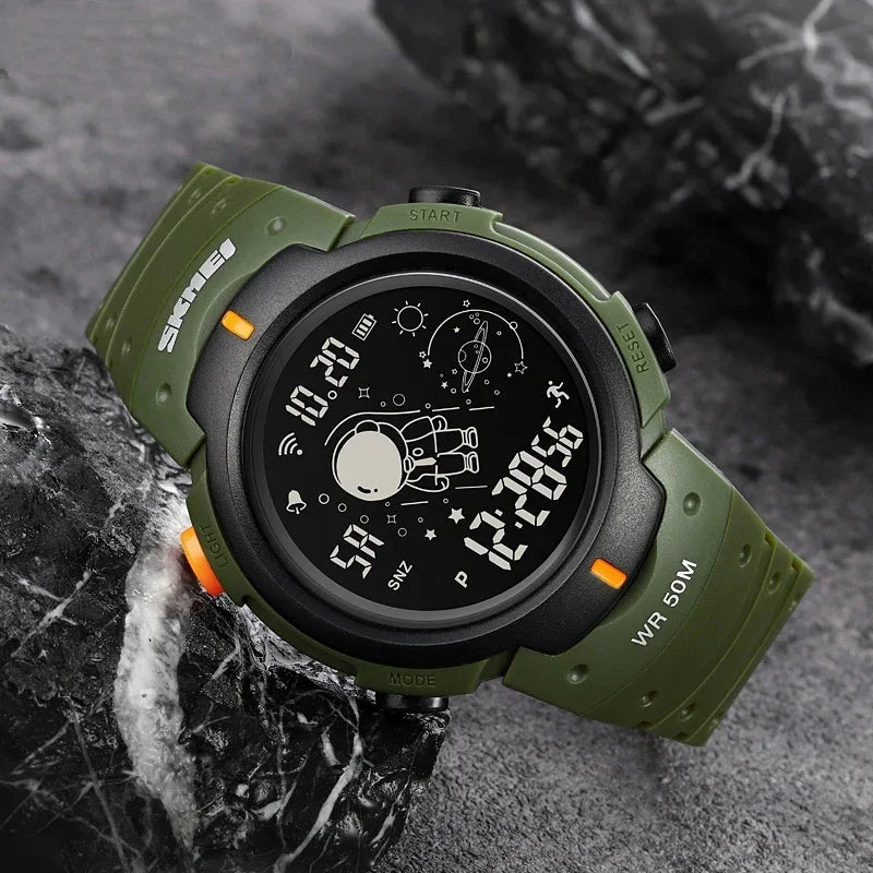 Green digital sports watch with black bezel and astronaut display, durable rubber strap