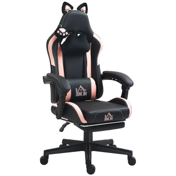 Black and pink ergonomic gaming chair with cat ear accents, padded faux leather, adjustable fit