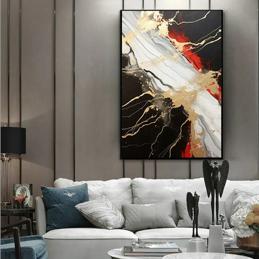 Modern living room with a grey sofa, abstract marble wall art in black, gold, white, and red tones