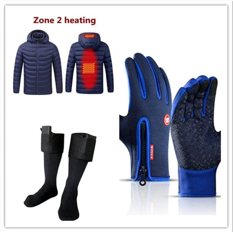 Heated winter jacket with zone 2 heating, thermal gloves, and insulated socks in black and blue.