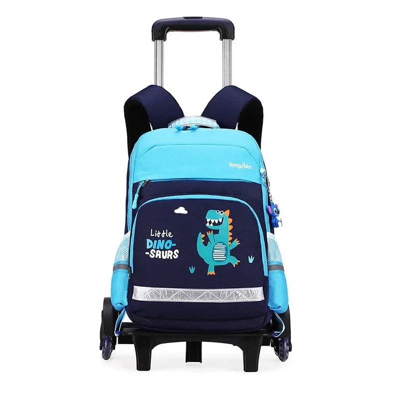 Blue and navy kids' rolling backpack with dinosaur print and cartoon details