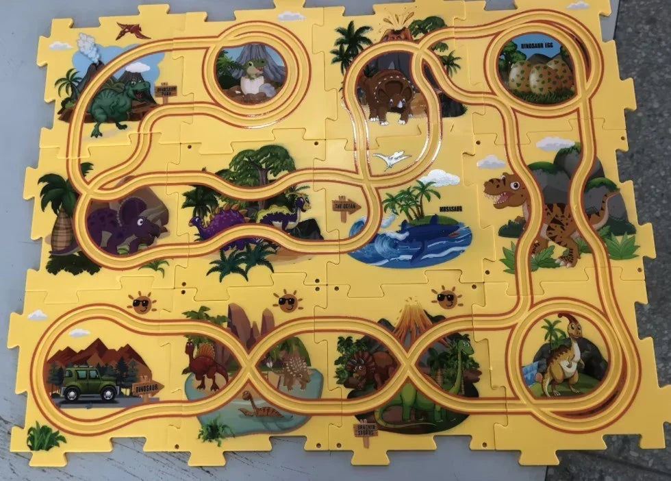 Colorful puzzle mat with a dinosaur-themed track, featuring cartoon dinosaurs, eggs, volcanoes, palm trees, and a safari jeep on a yellow background.