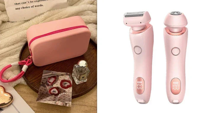 Pink portable grooming kit with two ergonomic electric razors and a matching travel case.